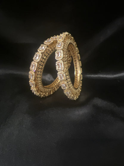 Set of 2 White Cubic Zirconia Bangles in Gold